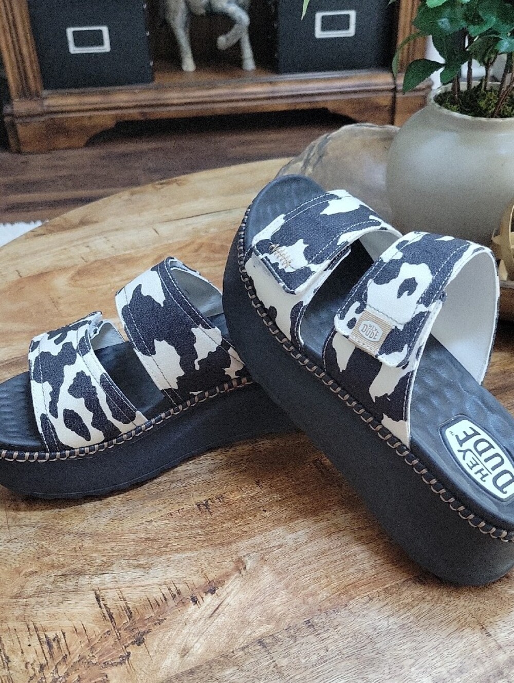 Hey Dude Black & White Cow-Pattern Platform Sandals - Picture 6 of 7